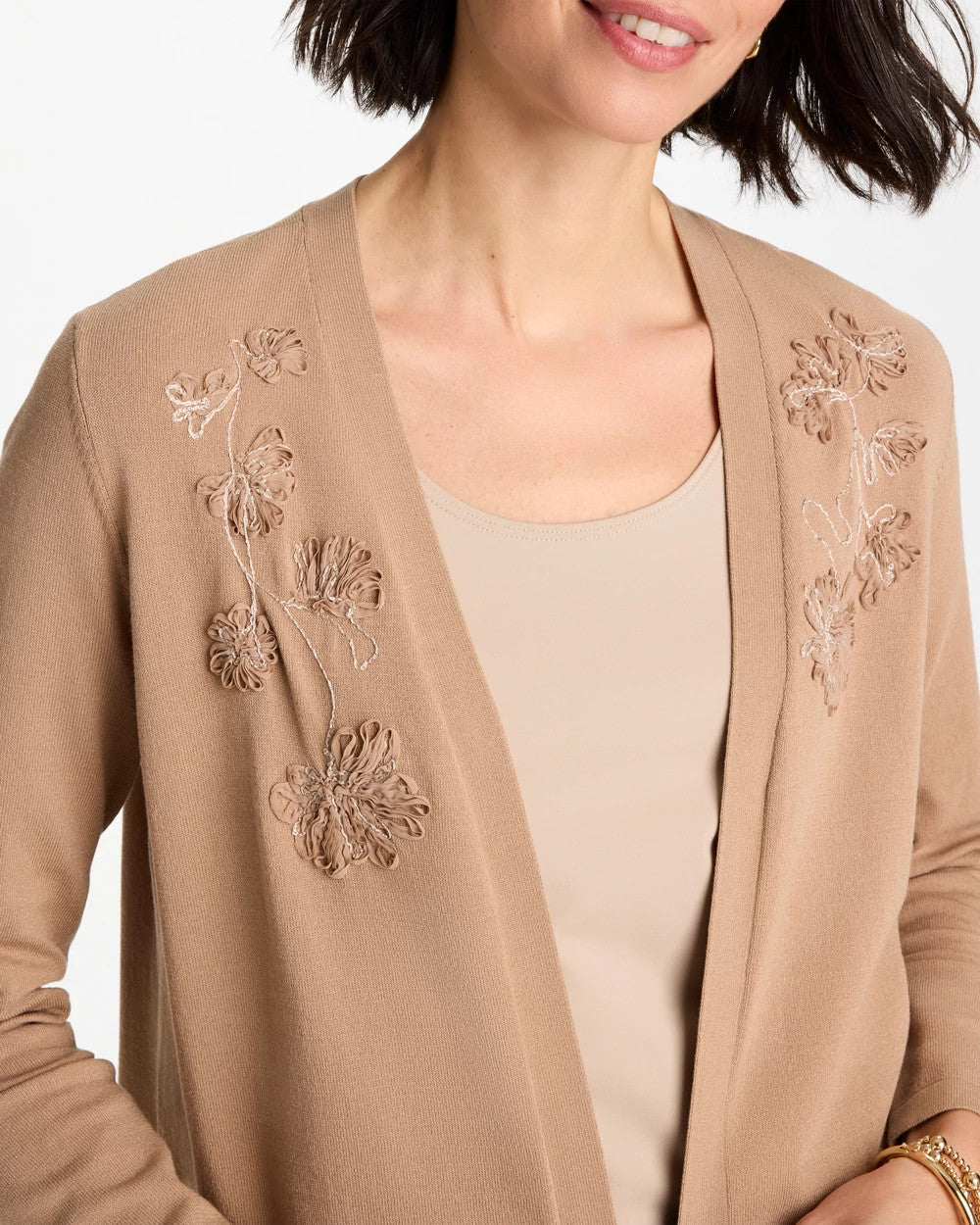 Chico's | Floral Embroidered Cardigan/ Cattail Brown