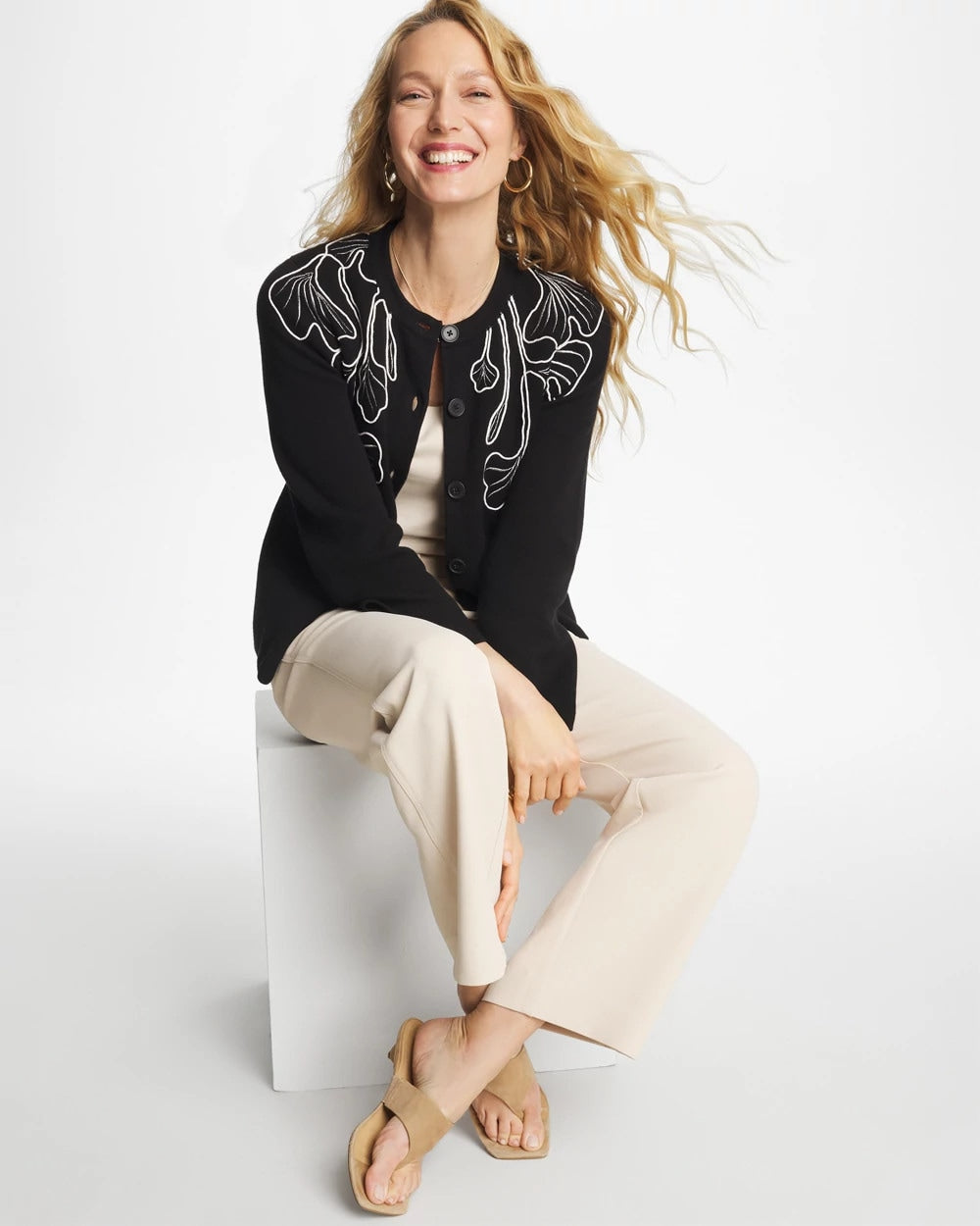 Chico's | Embroidered Crewneck Cardigan Jacket/ Black