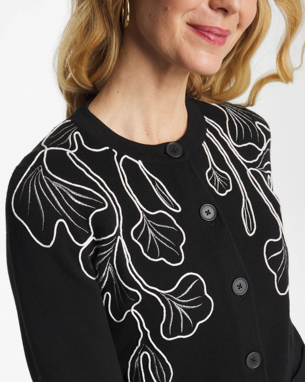 Chico's | Embroidered Crewneck Cardigan Jacket/ Black