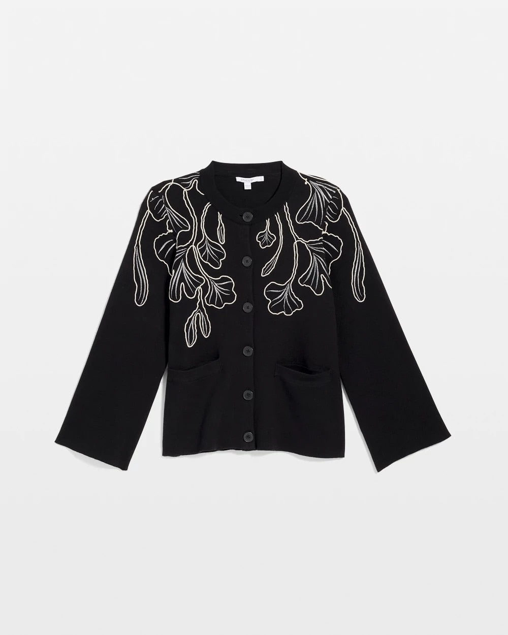 Chico's | Embroidered Crewneck Cardigan Jacket/ Black