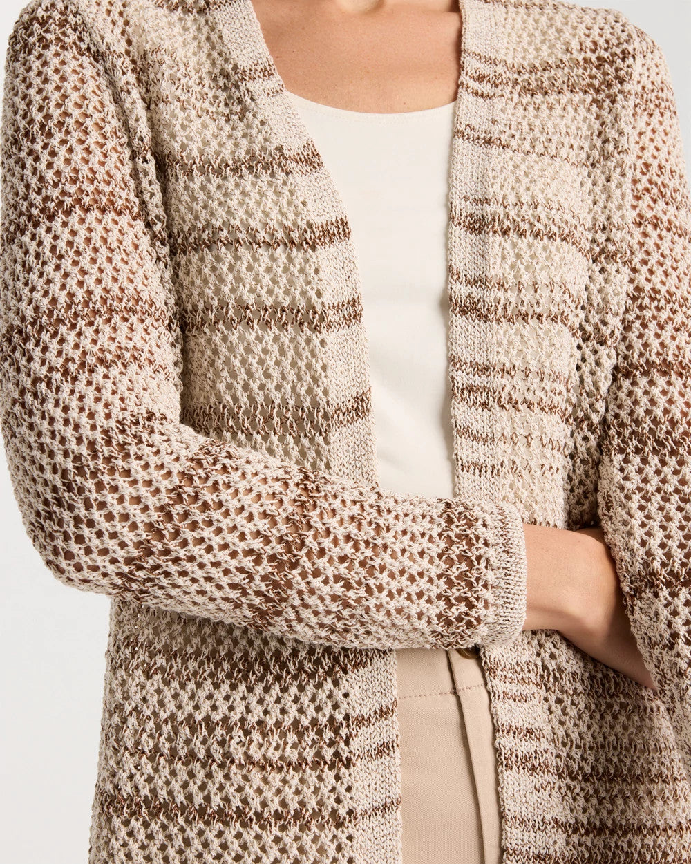 Chico's | Pointelle Metallic Cardigan/ Cattail Brown