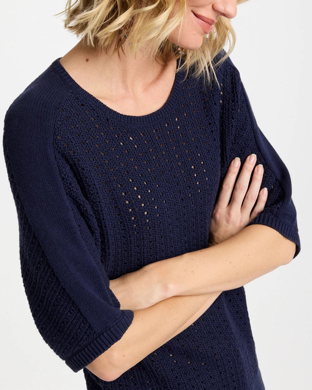 Chico's | Pointelle Crewneck Pullover Sweater/ Passport Blue
