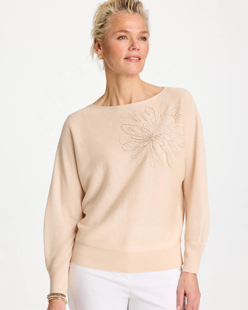Chico's | Embroidered 3/4 Sleeve Sweater/ Neutral