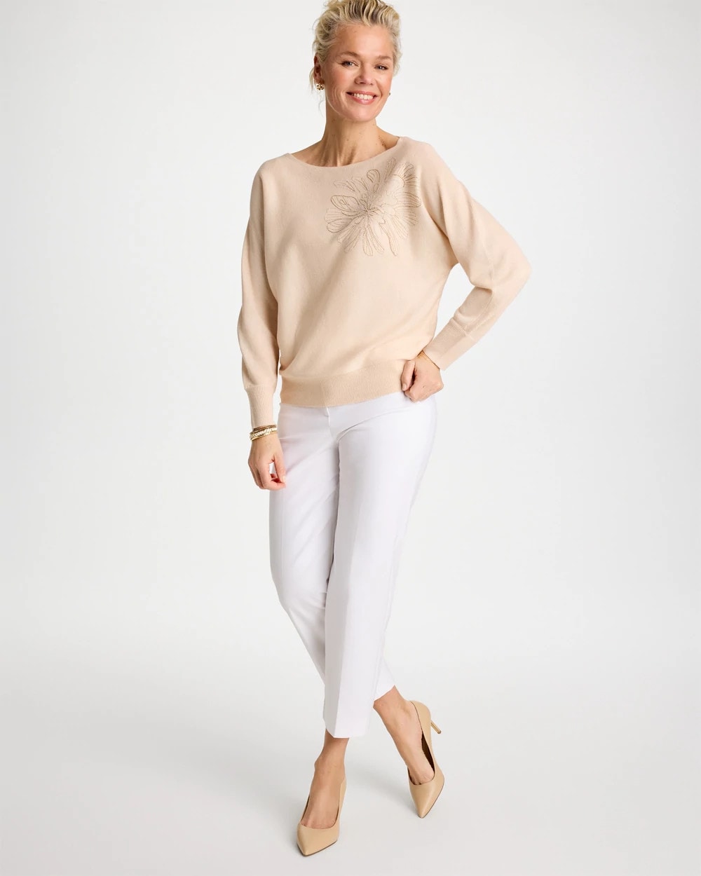 Chico's | Embroidered 3/4 Sleeve Sweater/ Neutral