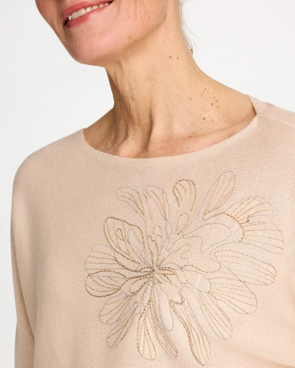 Chico's | Embroidered 3/4 Sleeve Sweater/ Neutral