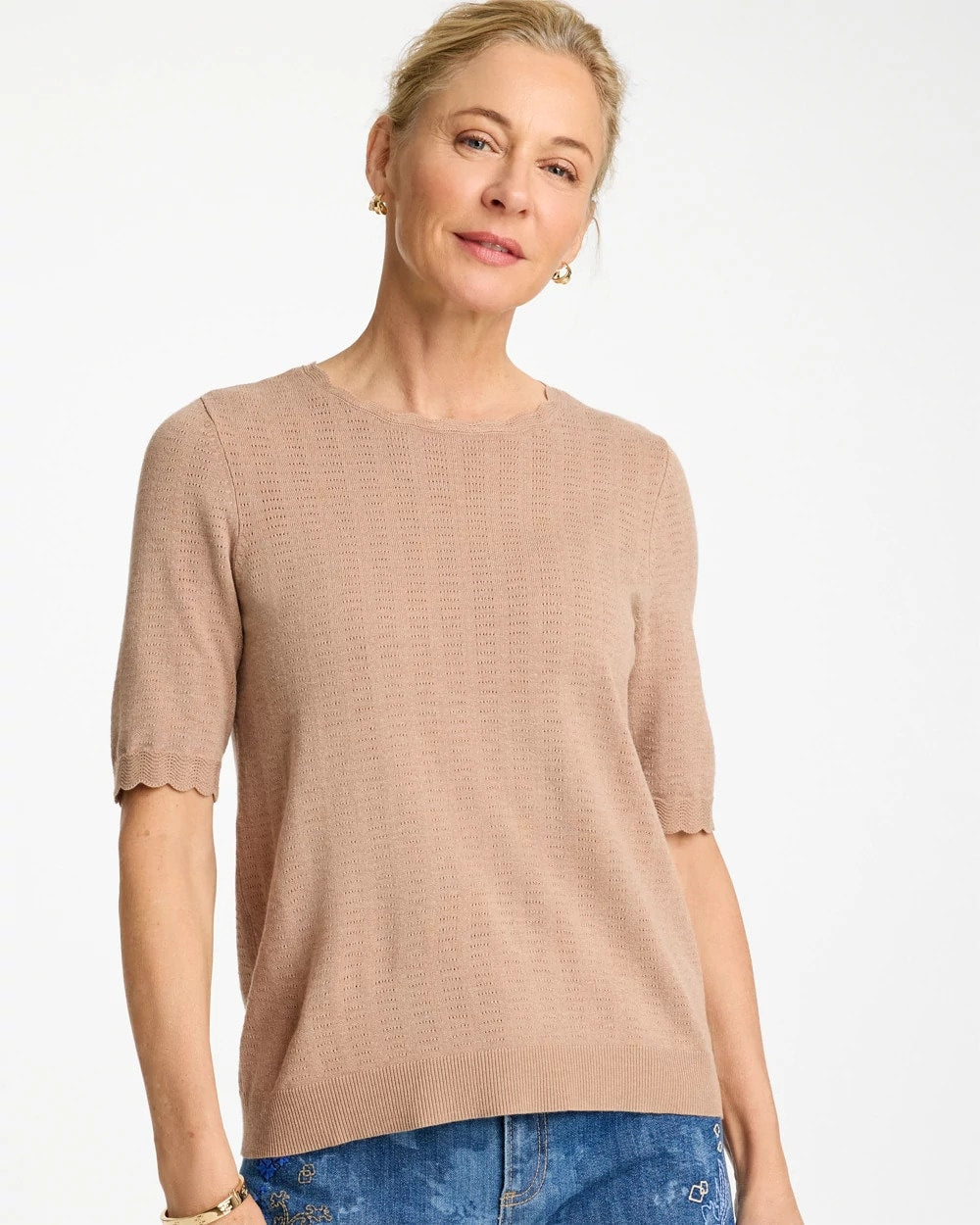 Chico's | Ella Crewneck Pointelle Pullover Sweater/ Cattail Brown