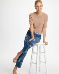 Chico's | Ella Crewneck Pointelle Pullover Sweater/ Cattail Brown
