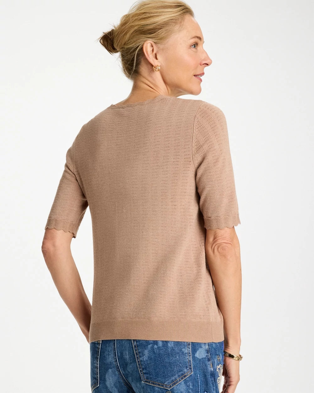 Chico's | Ella Crewneck Pointelle Pullover Sweater/ Cattail Brown