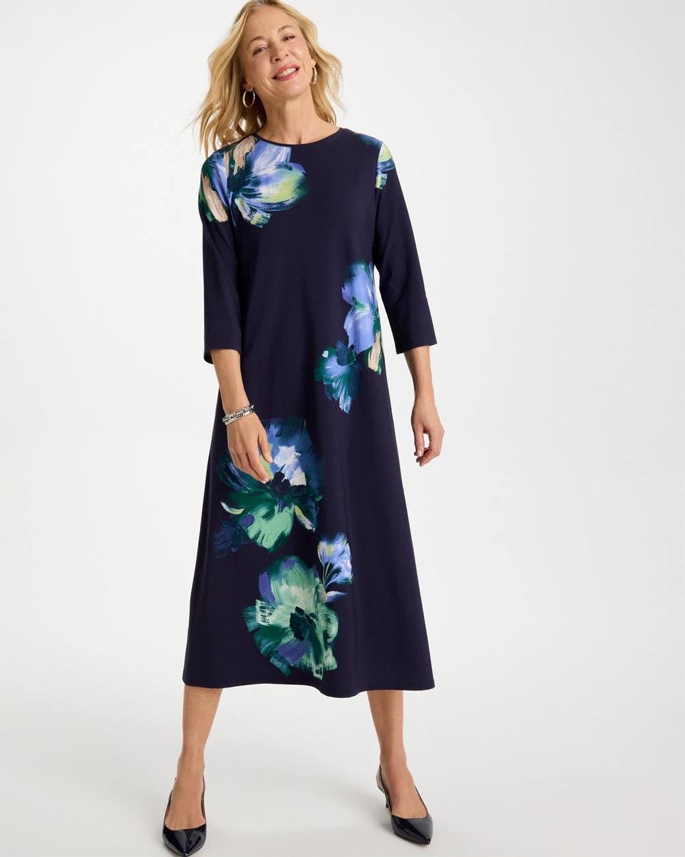 Chico's | Floral 3/4 Sleeve Maxi Dress/ Passport Blue