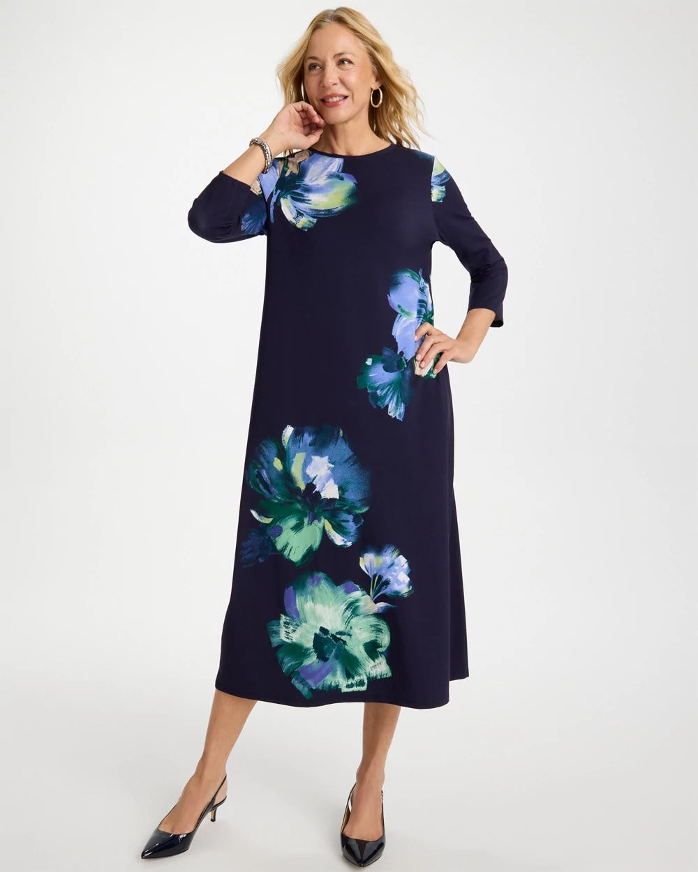 Chico's | Floral 3/4 Sleeve Maxi Dress/ Passport Blue