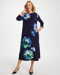 Chico's | Floral 3/4 Sleeve Maxi Dress/ Passport Blue