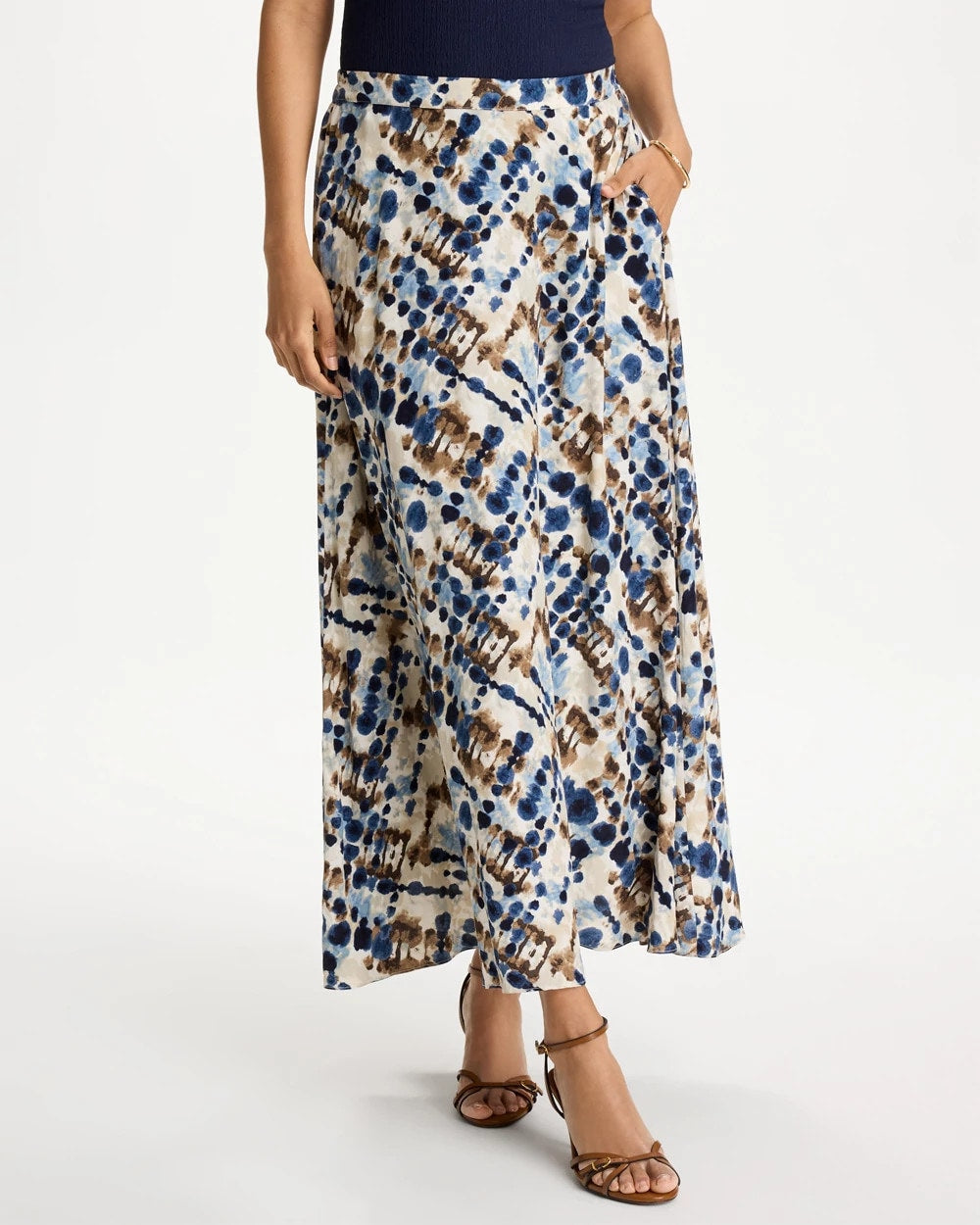 Chico's | Faux Silk Printed Maxi Skirt/ Passport Blue