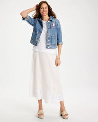 Chico's | Alabaster Twill Embroidered Hem Skirt/ Alabaster