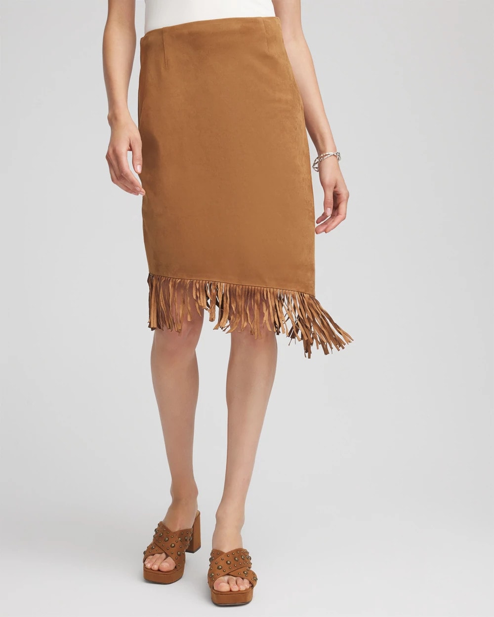 Chico's | Suede Fringed Asymmetrical Skirt/ Burnt Sienna
