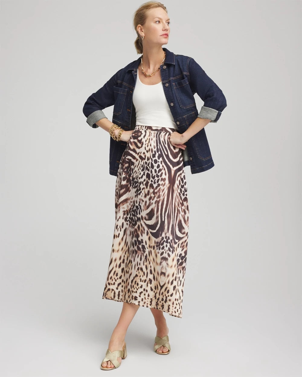 Chico's | Animal Bengal Marks Faux Satin Skirt/ Black