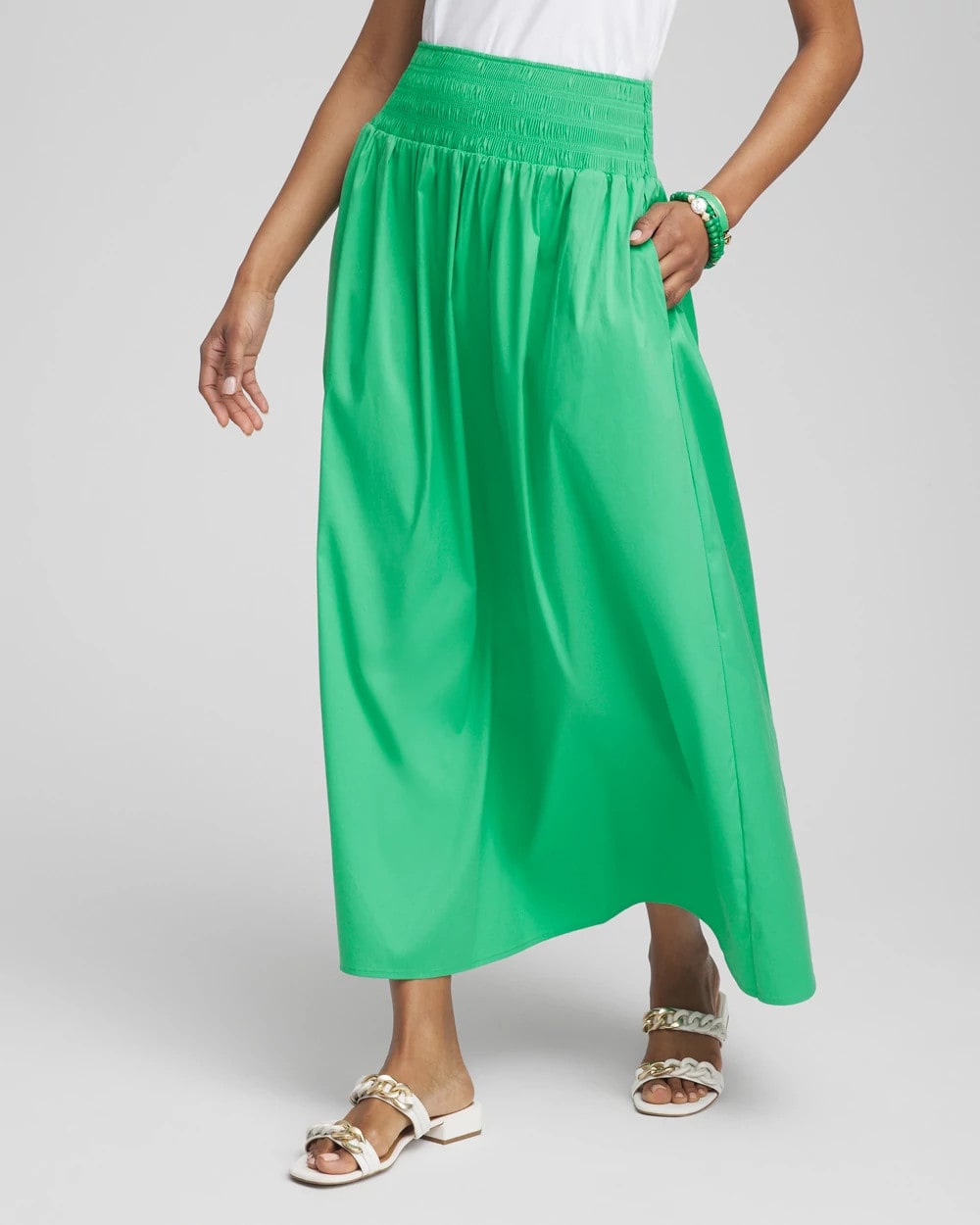 Chico's | Poplin Smocked Waist Skirt/ Grassy Green