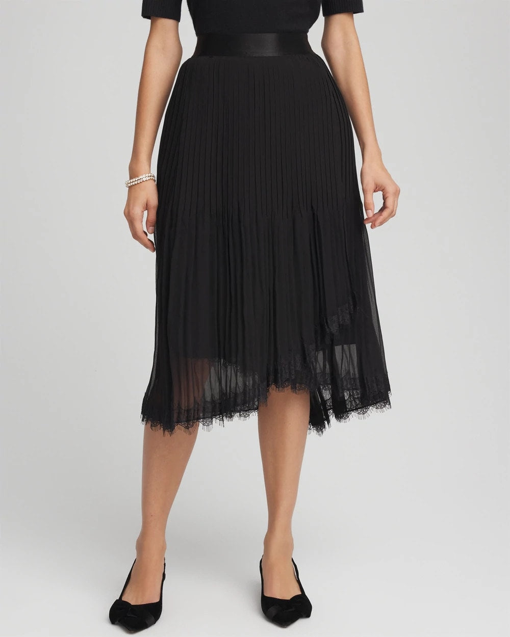 Chico's | Pleated Lace Hem Midi Skirt/ Black