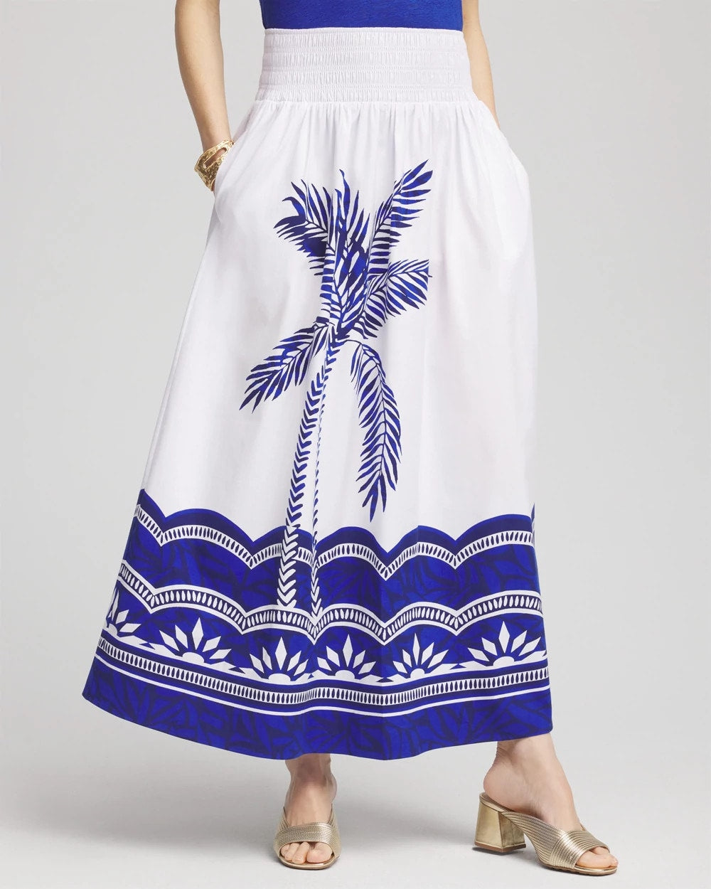 Chico's | Tropical Smocked Waist Pull-On Skirt/ Alabaster
