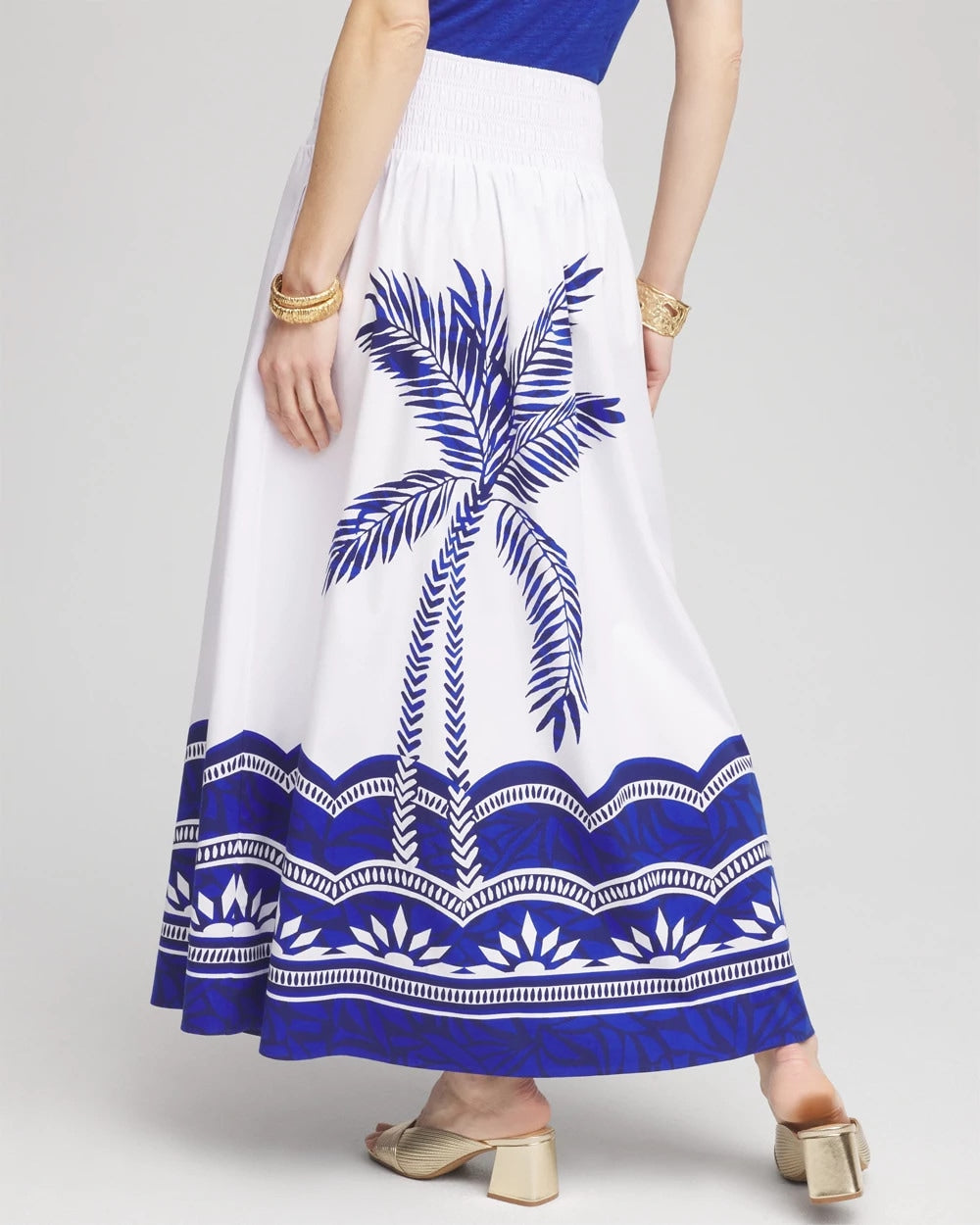 Chico's | Tropical Smocked Waist Pull-On Skirt/ Alabaster