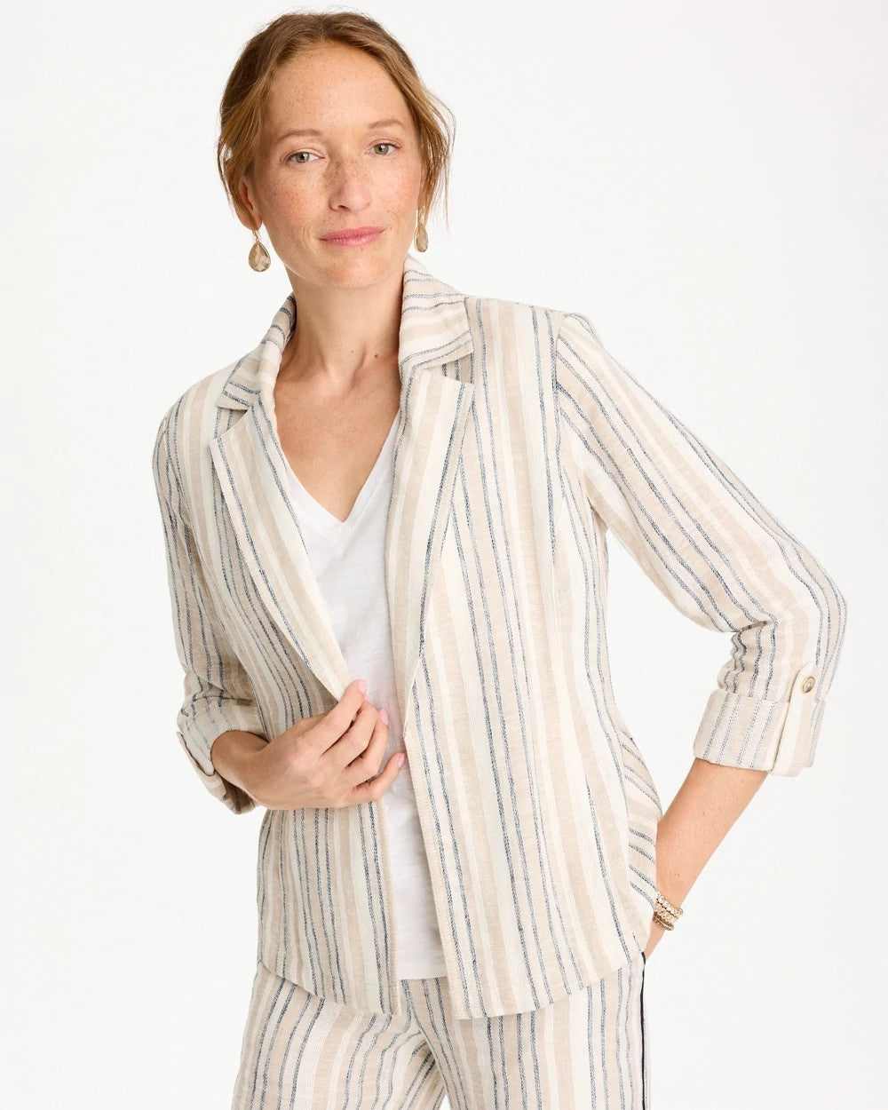 Chico's | Striped Linen Roll Sleeve Blazer/ Neutral