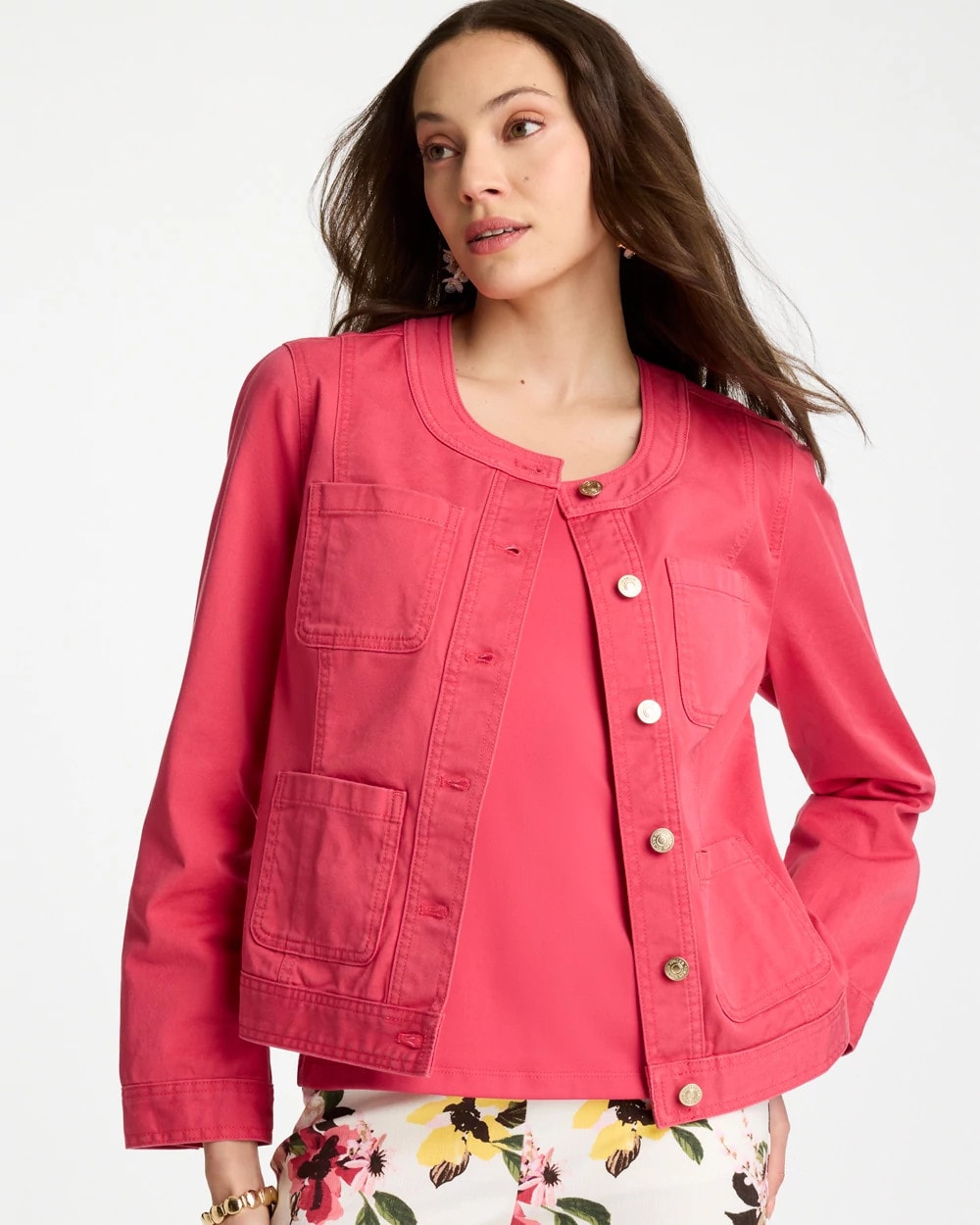 Chico's | Collarless Twill Box Jacket/ Hot Honeysuckle
