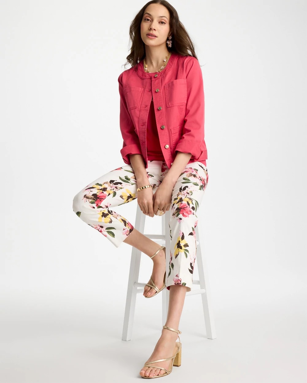 Chico's | Collarless Twill Box Jacket/ Hot Honeysuckle