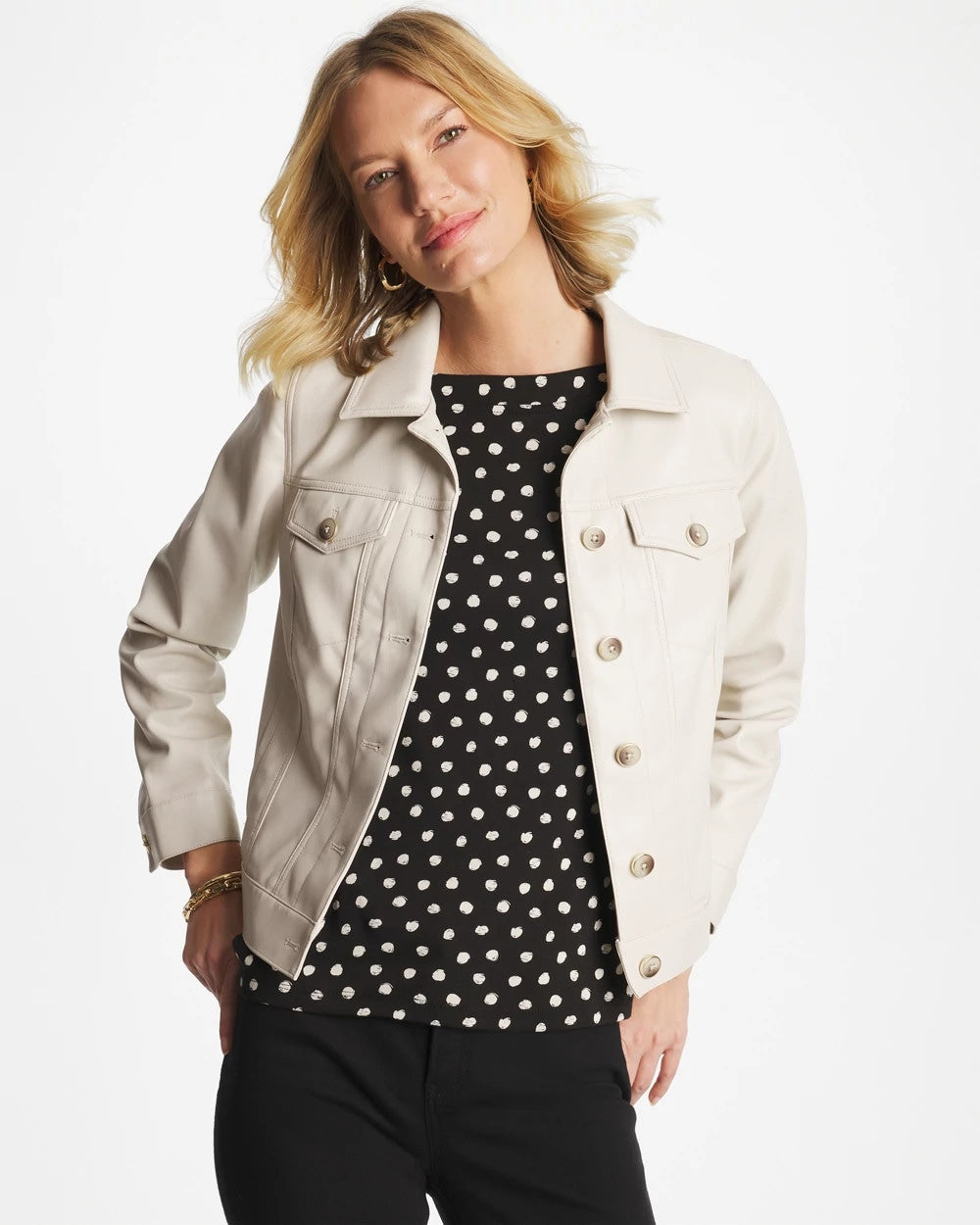 Chico's | Faux Leather Trucker Jacket/ White Truffle