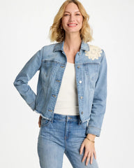 Chico's | Embroidered Frayed Denim Trucker Jacket/ Coral Reef Indigo