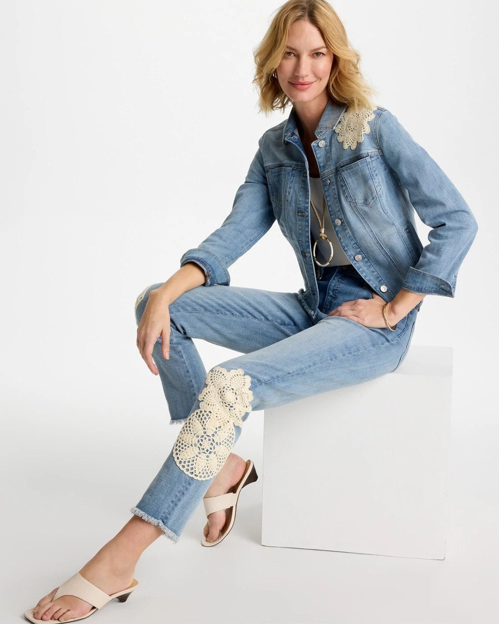 Chico's | Embroidered Frayed Denim Trucker Jacket/ Coral Reef Indigo