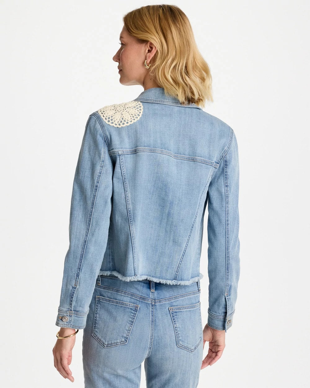 Chico's | Embroidered Frayed Denim Trucker Jacket/ Coral Reef Indigo
