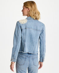 Chico's | Embroidered Frayed Denim Trucker Jacket/ Coral Reef Indigo