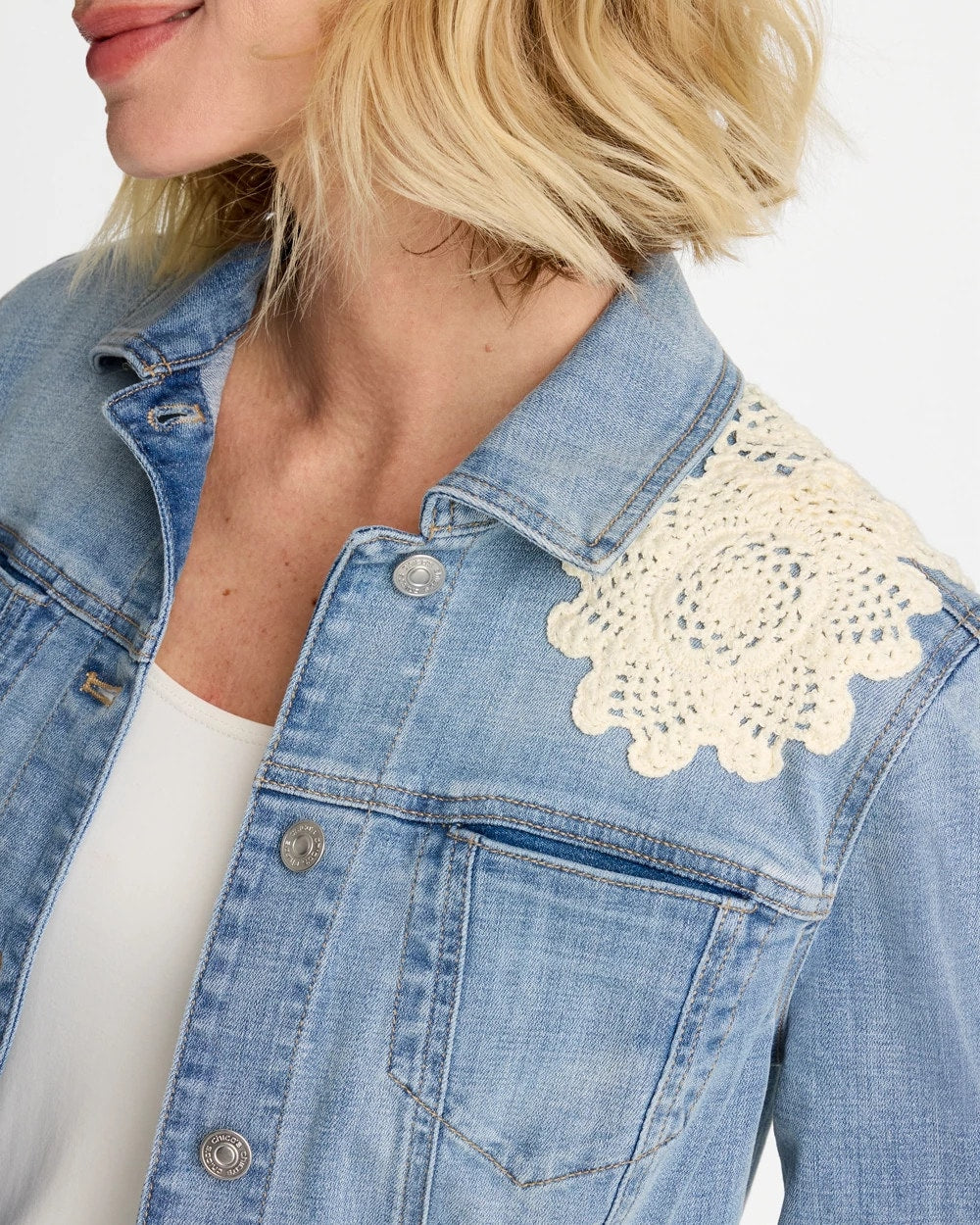 Chico's | Embroidered Frayed Denim Trucker Jacket/ Coral Reef Indigo