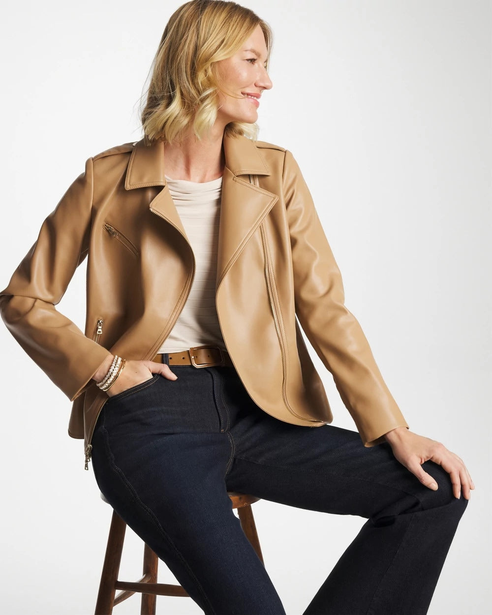Chico's | Faux Leather Moto Jacket/ Creme Coffee