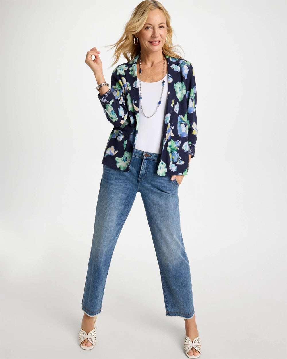 Chico's | Printed Slub Knit Blazer/ Passport Blue