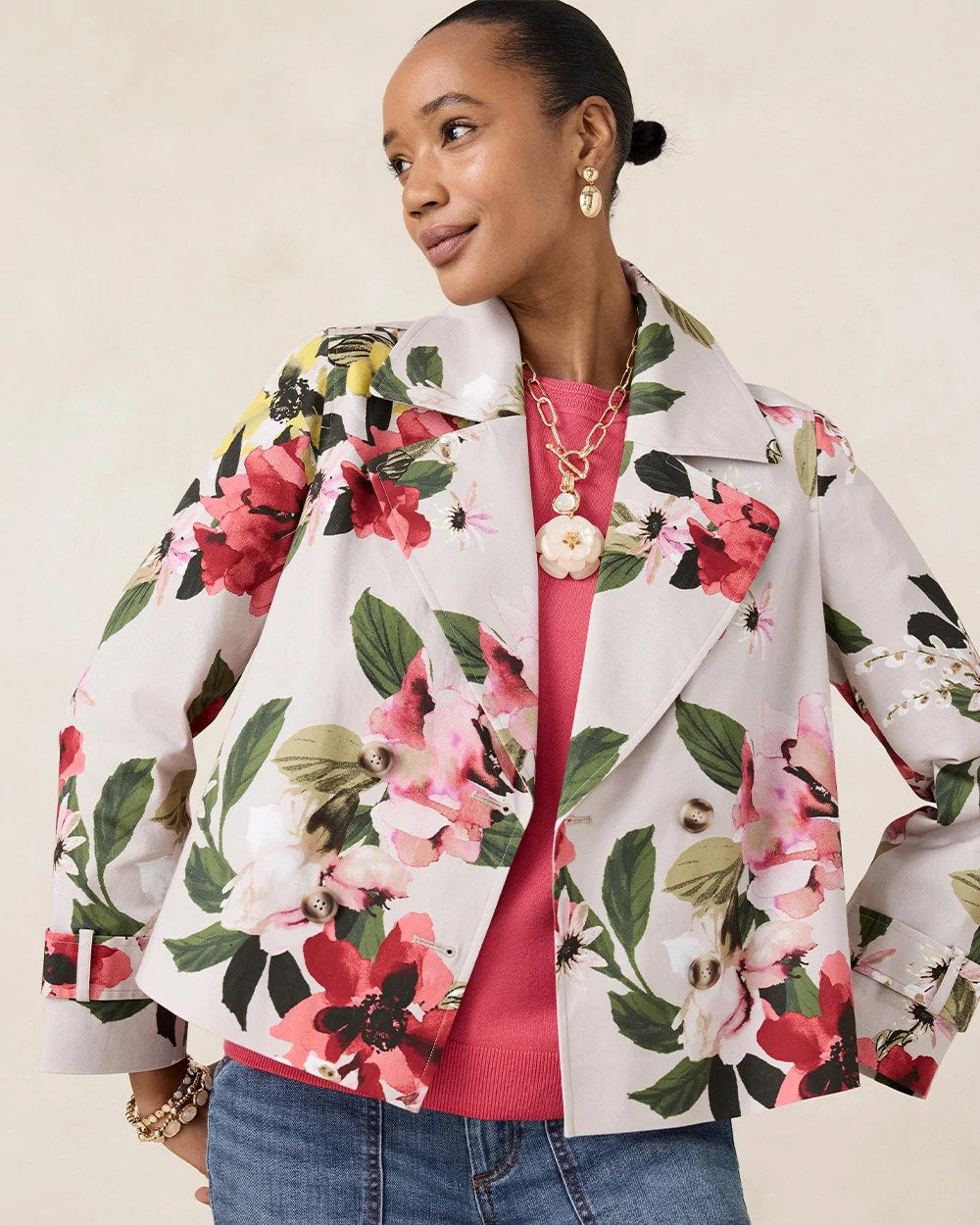 Chico's | Cotton-Stretch Floral Trench Coat/ Smokey Taupe