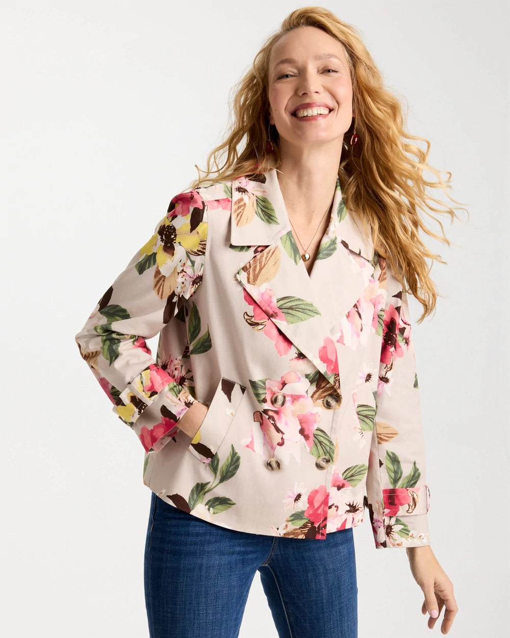 Chico's | Cotton-Stretch Floral Trench Coat/ Smokey Taupe