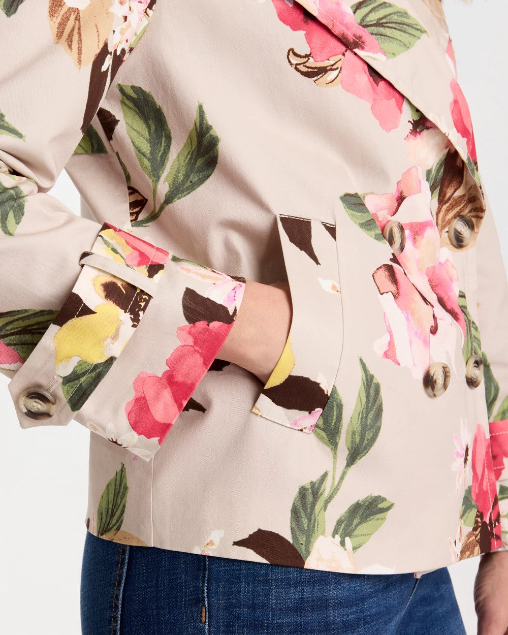 Chico's | Cotton-Stretch Floral Trench Coat/ Smokey Taupe
