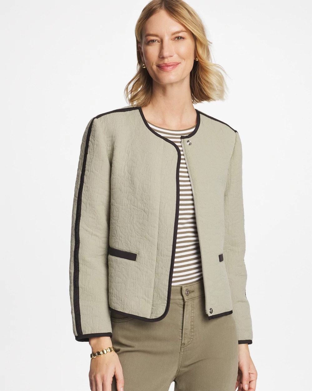 Chico's | Collarless Quilted Box Jacket/ Seagrass Green