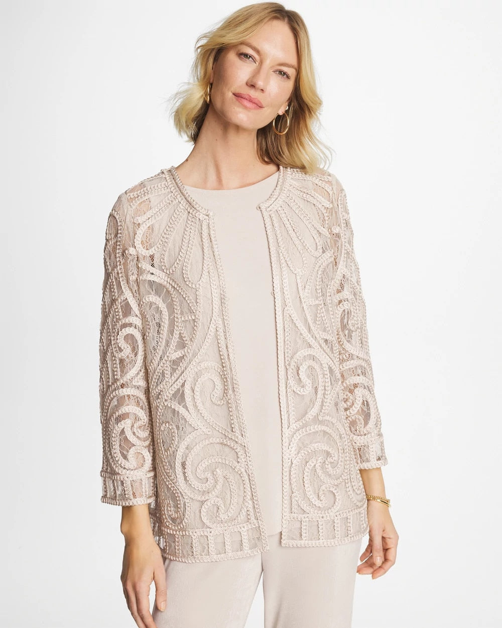 Chico's | Travelers™ Short Embroidered Lace Jacket/ Smokey Taupe