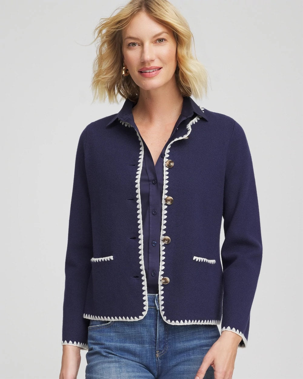 Chico's | Blanket Stitch Crewneck Cardigan/ Passport Blue