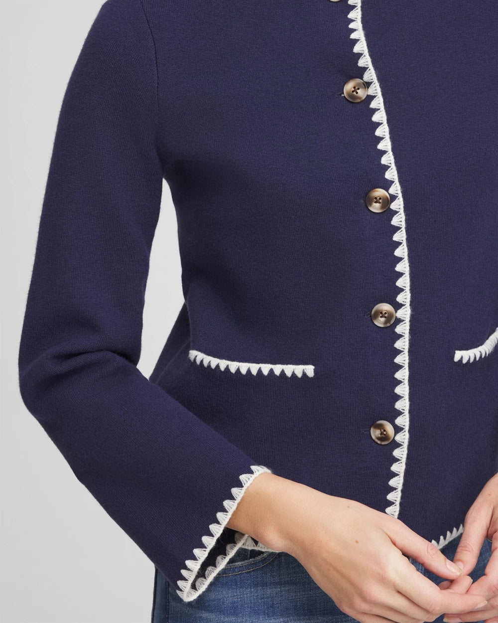 Chico's | Blanket Stitch Crewneck Cardigan/ Passport Blue