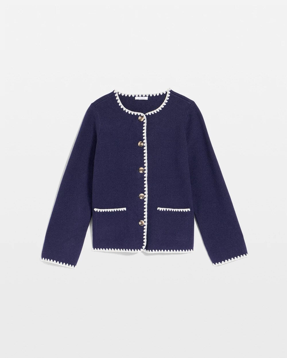 Chico's | Blanket Stitch Crewneck Cardigan/ Passport Blue