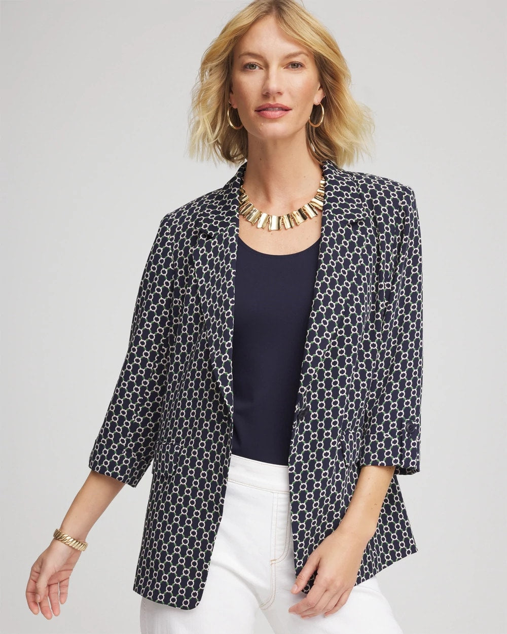 Chico's | Printed Soft Crepe Blazer/ Passport Blue