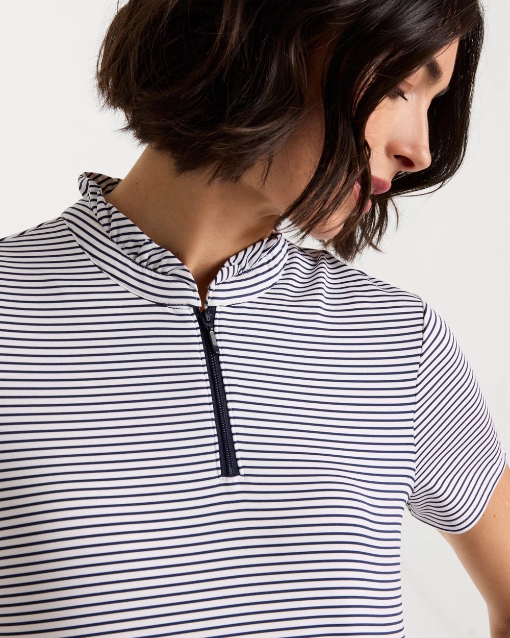 Chico's | Zenergy® UPF Ruffle Striped Half Zip/ Passport Blue