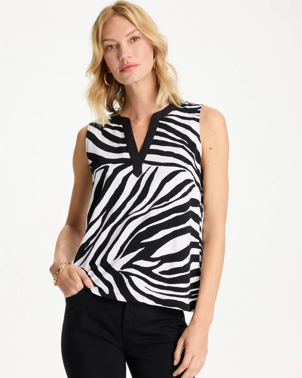 Chico's | Zebra Cotton-Stretch Notch Neck Tank/ Black