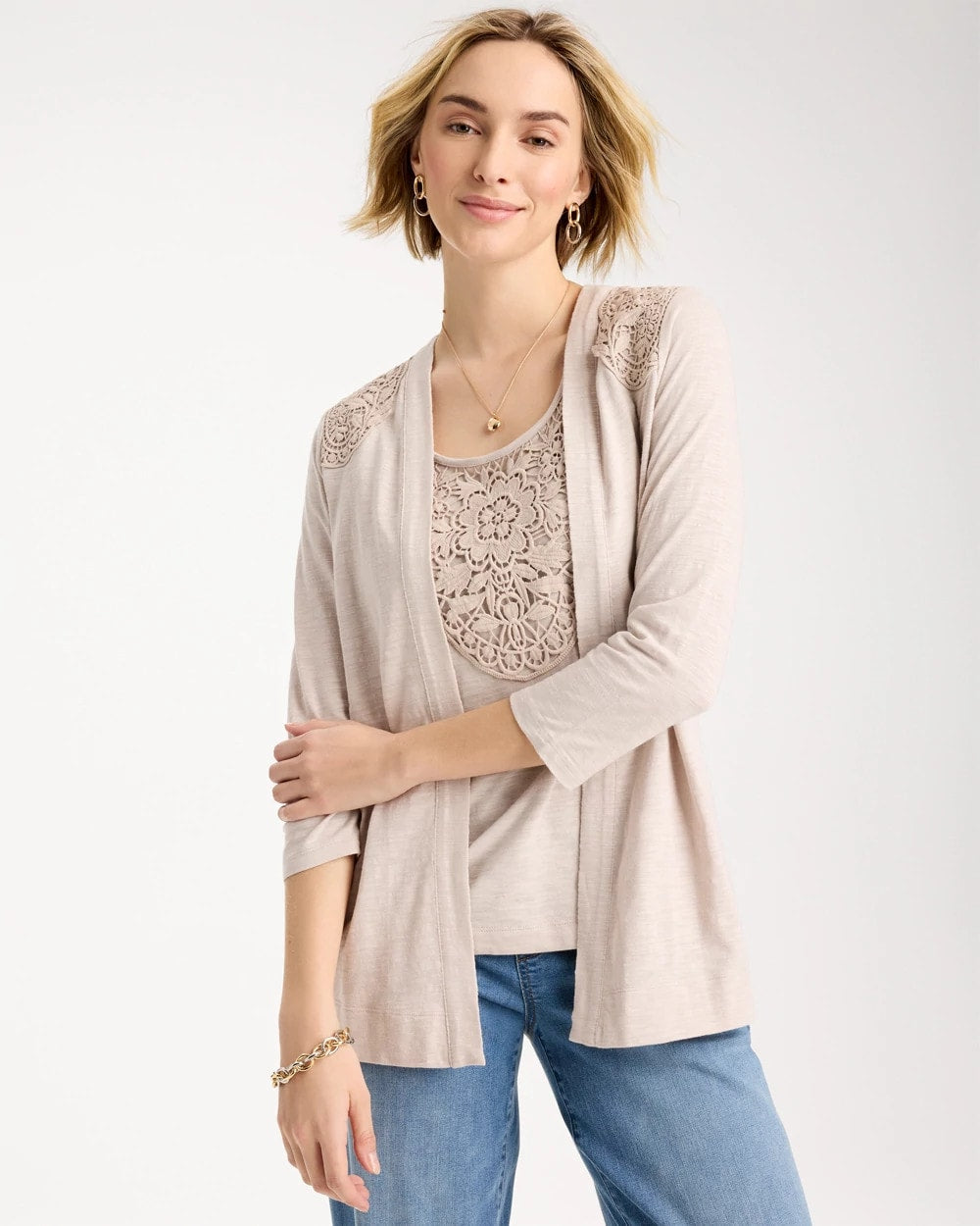 Chico's | Embroidered Cotton Slub 3/4 Sleeve Cardigan/ Smokey Taupe