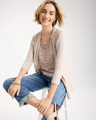 Chico's | Embroidered Cotton Slub 3/4 Sleeve Cardigan/ Smokey Taupe