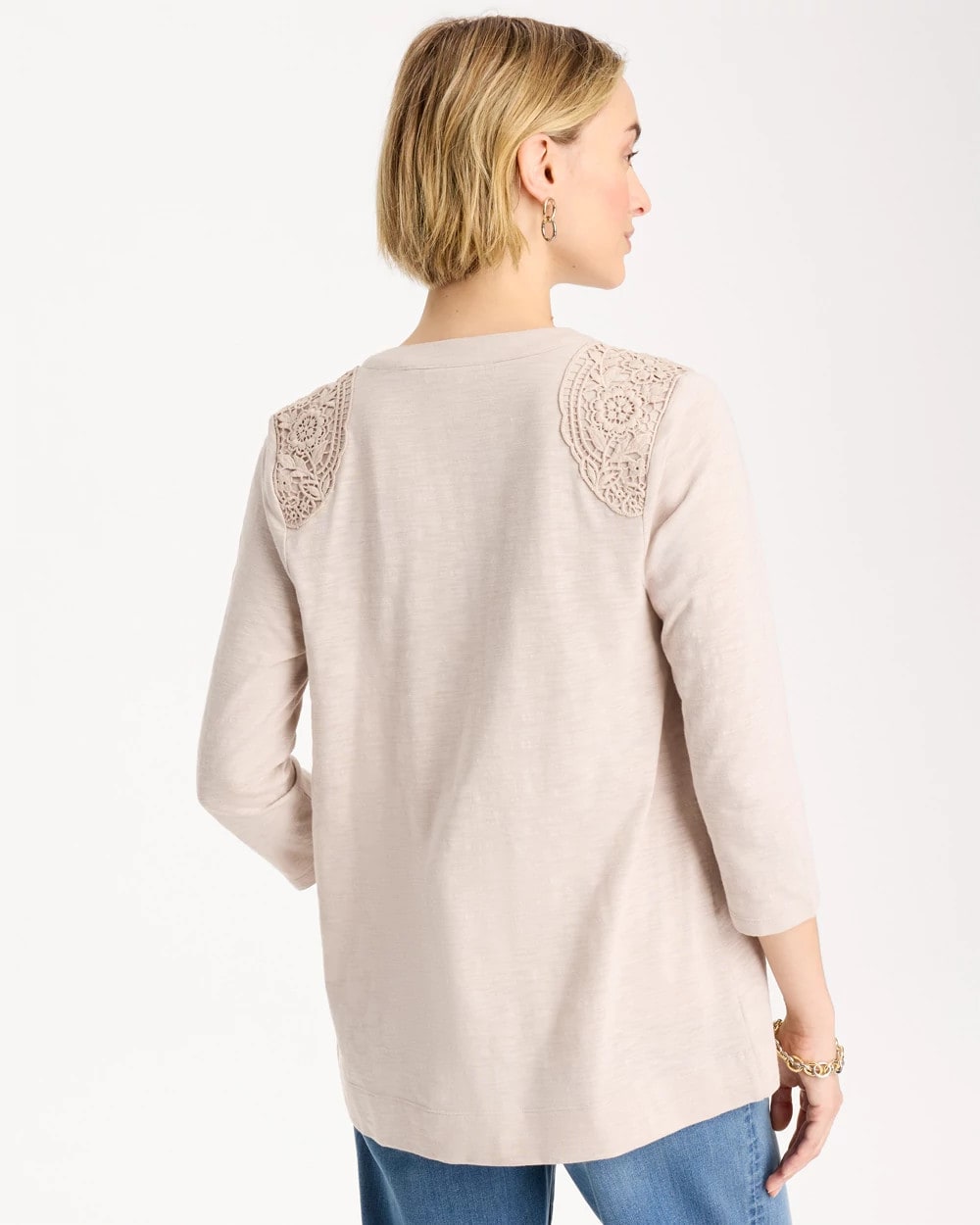 Chico's | Embroidered Cotton Slub 3/4 Sleeve Cardigan/ Smokey Taupe
