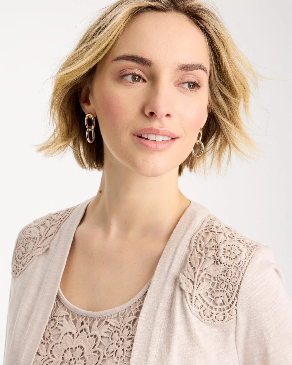 Chico's | Embroidered Cotton Slub 3/4 Sleeve Cardigan/ Smokey Taupe