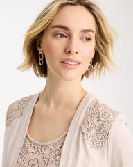 Chico's | Embroidered Cotton Slub 3/4 Sleeve Cardigan/ Smokey Taupe